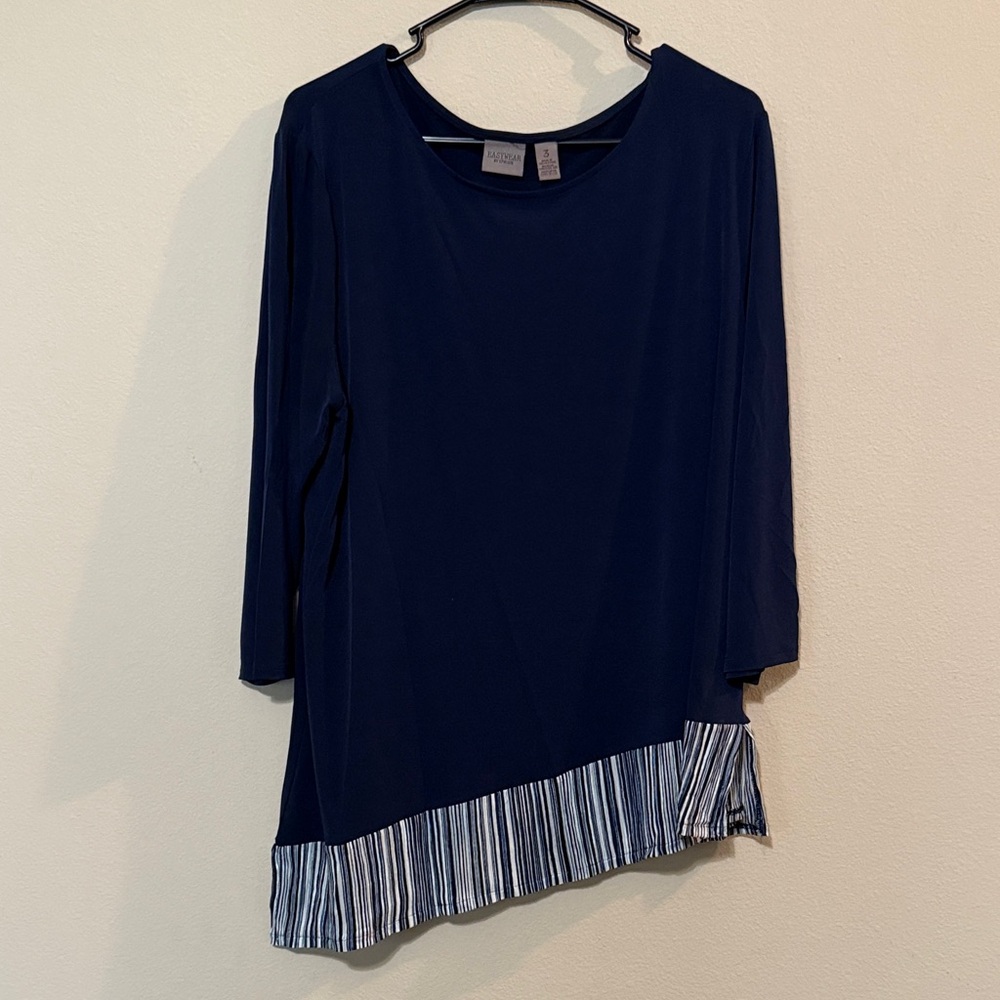 Chico's Navy Long-Sleeve Top with Striped Hem